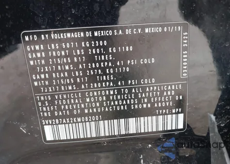 2019 Volkswagen Tiguan 2.0T Se/2.0T Sel/2.0T Sel R-Line/2.0T Sel R-Line Black from USA, damaged, VIN 3VV2B7AX2KM082001